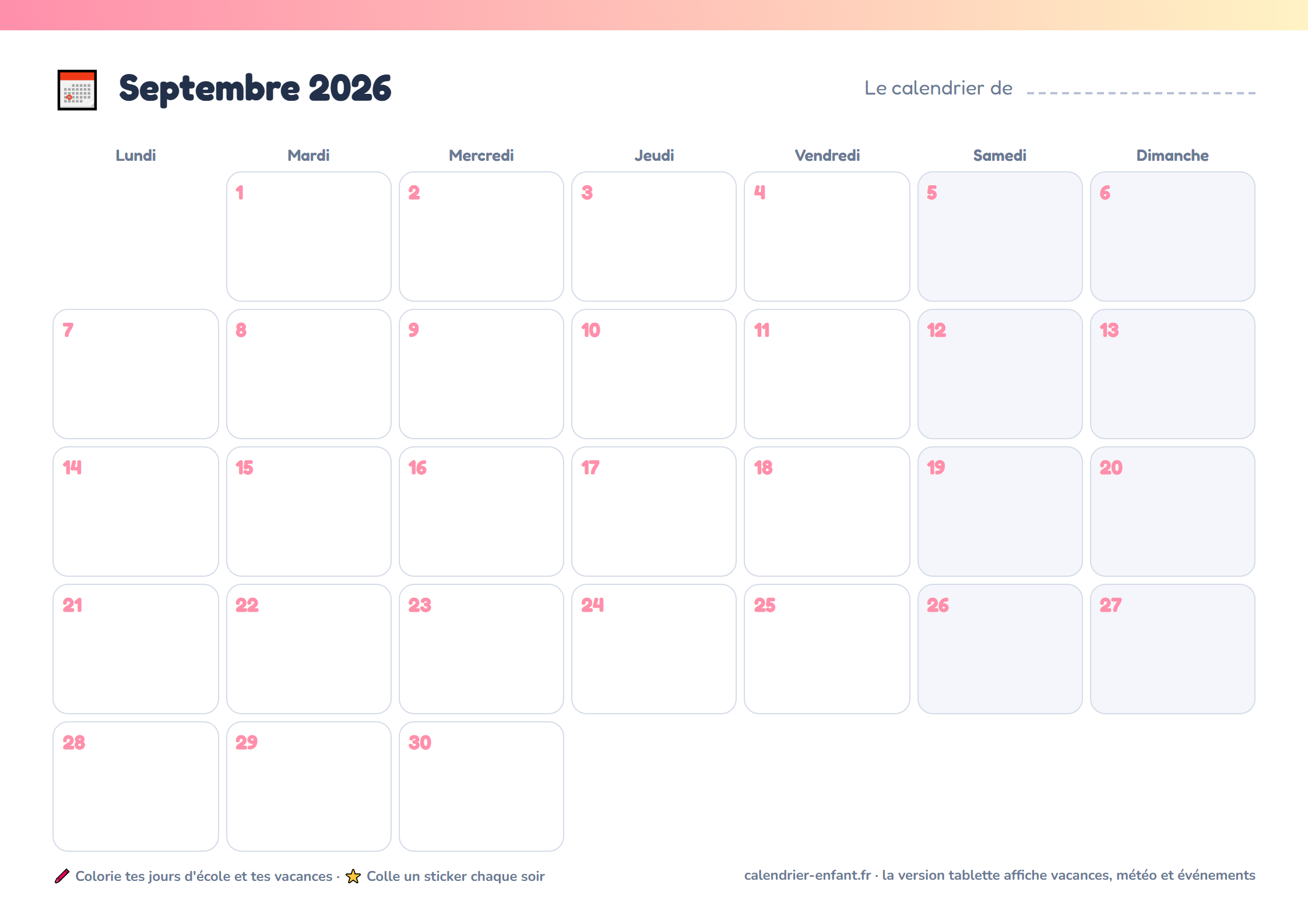 Aperçu du calendrier enfant à imprimer, septembre 2026