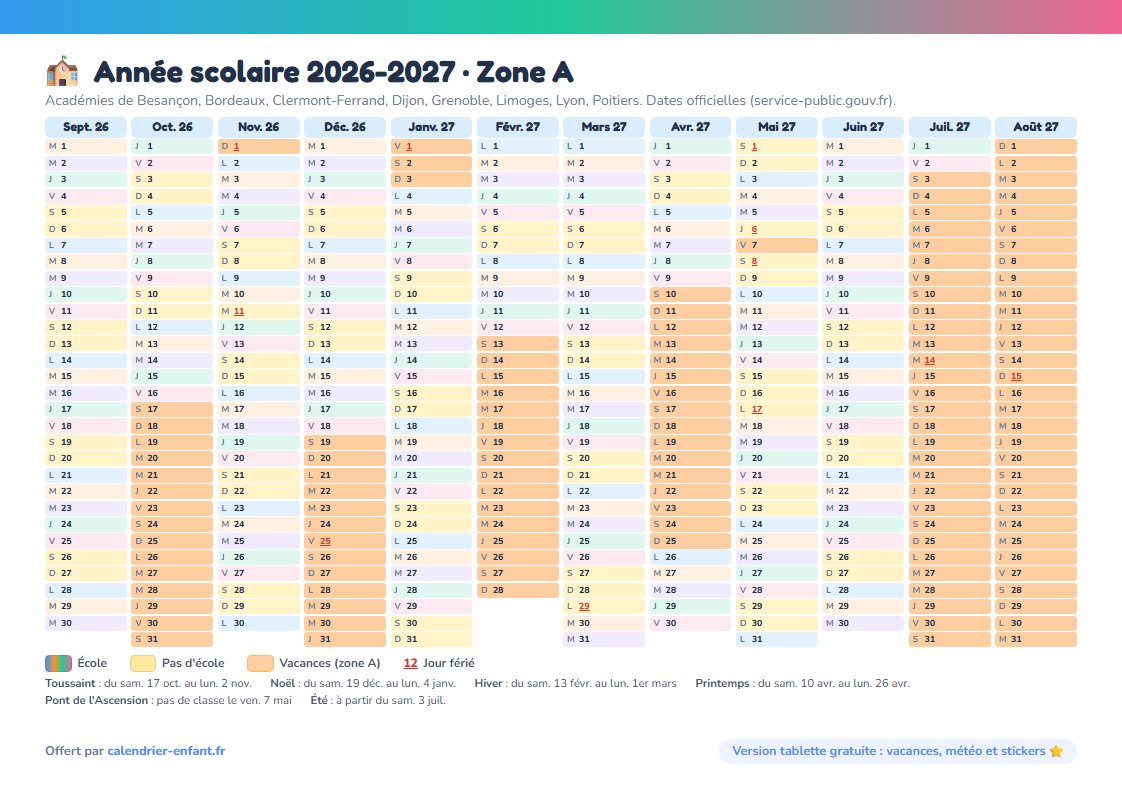 Aperçu : Calendrier des vacances scolaires 2026-2027 et 2027-2028 à imprimer